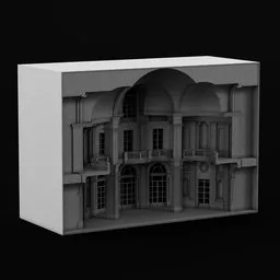 "Symmetrical and editable interior model of Stupinigi Central Hall in neoclassical style, inspired by rococo art. Featuring a grand hall with a clock and large overhangs, this Blender 3D model kit is perfect for creating a stunning mansion scene. Sculpted with precision using Zbrush, this black and white palette model is a must-have for any 3D artist."