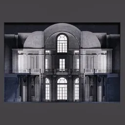 "Symmetrical and editable interior model of Stupinigi Central Hall in neoclassical style, inspired by rococo art. Featuring a grand hall with a clock and large overhangs, this Blender 3D model kit is perfect for creating a stunning mansion scene. Sculpted with precision using Zbrush, this black and white palette model is a must-have for any 3D artist."