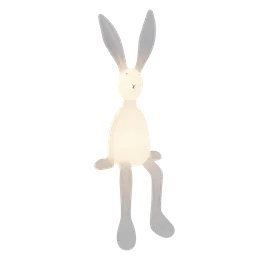 "Joseph Bunny Lamp" 3D model for Blender 3D: a posable PVC table lamp with a white rabbit design, perfect for decorating kids' bedrooms with warm light. Sarah Lucas inspired sleek legs and long ears, with a luxury touch of transparent celestial light gels. Perfect for Burning Man or UV events.