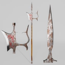 "Man-catcher halberd, a 3D model for Blender 3D: a historic military weapon inspired by Javanese mythology, featuring blood splatter and solid metal design. This 2-meter halberd is a barbaric way of keeping captives at a distance, with a design that grabs them by the neck and nails them to the ground. Download at your own risk."