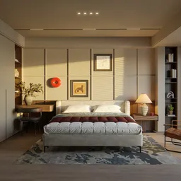 Modern bedroom in sunset