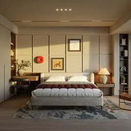 Modern bedroom in sunset