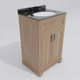 High-quality 3D model of wooden vanity unit with black countertop sink for Blender bathroom scene renderings.