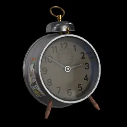 "Worn, old fashioned analogue alarm clock with easy to rotate hands, designed in Blender 3D. This 3D model features a clock sitting on a stand against a black background, with PBR textures for a realistic appearance. Perfect for Blender enthusiasts seeking a vintage aesthetic."