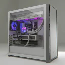 Detailed Blender 3D model showcasing a water-cooled Corsair with RTX 4070 and RGB lighting, perfect for gaming setup visualizations.