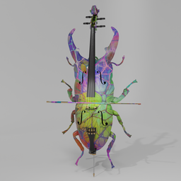 "Colorful bug-shaped bass cello with vibrant hues and a cello bow, designed for Blender 3D. Perfect for stage performances, this hyper-realistic 3D model features UV map, sound holes, resonance endpin, and draws inspiration from Okuda Gensō, Yoshitaka Amano, Willem Hondius, and Nazmi Ziya Güran. A unique and captivating game asset for speculative evolution enthusiasts."