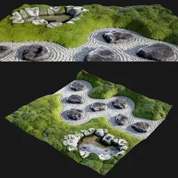 Mossy Zen Garden with Pond and Stones