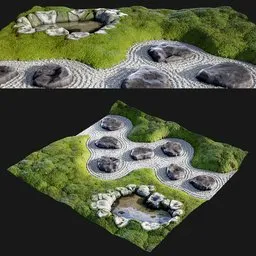 Mossy Zen Garden with Pond and Stones