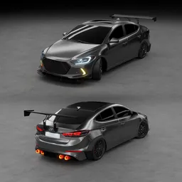 Customized Hyundai Elantra 3D model with aftermarket body kit, created using VR tracing technique in Blender.