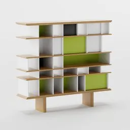 Retro-inspired 1960's style shelving unit, 3D modeled in Blender, featuring clean lines and a two-tone color scheme.