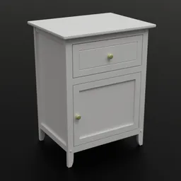 "White nightstand table with two drawers - Winsome Eugene model for Blender 3D. French provincial furniture design suitable for bedrooms. Marmoset Toolbag render on black background."