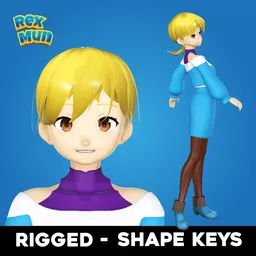 Anime-style female 3D model with clean topology, UVs, and rigging for facial expressions in Blender.