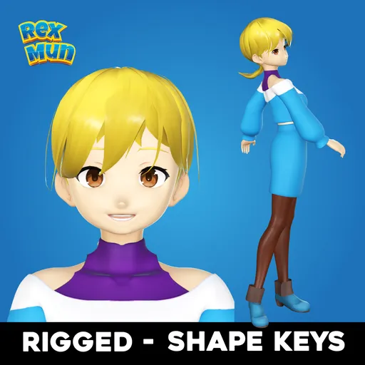 Anime-style female 3D model with clean topology, UVs, and rigging for facial expressions in Blender.