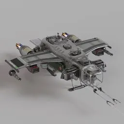 Detailed 3D Blender model of a science spaceship with interior, guns, and engines, optimized for cycles and eevee rendering.