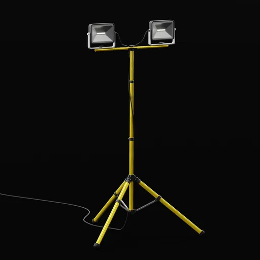 Detailed 3D rendering of an industrial LED work light on a yellow tripod for construction site illumination.