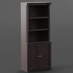 Detailed 3D rendering of a tall, wooden bookcase with shelves and cupboard doors for digital interior design.