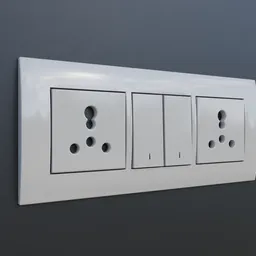 "Modular switchboard for Blender 3D with interchangeable buttons and detailed face. Three white electrical outlets on a stylish, patented design with interconnections and uplighting. Check out other models from the same user for different button and module options."