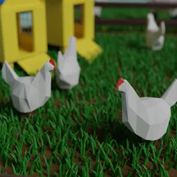 Low poly 3D model of a chicken, suitable for use in Blender 3D. Featuring a blocky shape and isometric perspective, this bird stands in grass next to a farm house and feed troughs. Perfect for farm and animal related projects.