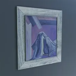 "Artistic oil painting of a woman's legs in a purple hue with a painted wooden frame. Modelled in 3D using Blender 3D software and measures 77x87cm. Perfect for those looking for a unique piece of art in the painting category."
