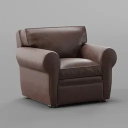 High-quality 3D model of a contemporary brown leather armchair, Blender compatible, with detailed textures and shading.