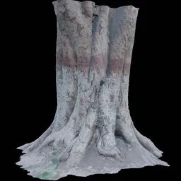 Detailed Blender 3D model showing textured tree trunk with realistic bark and moss accents suitable for digital environments.