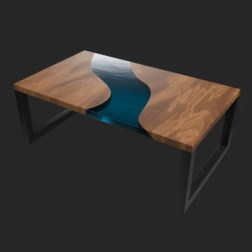 Realistic Blender 3D model showcase of an industrial-style epoxy resin coffee table with wood texture and sleek metal legs.