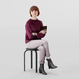 3D female model in plum sweater with paper cup, pensive pose, and stylish boots, suitable for Blender renderings.