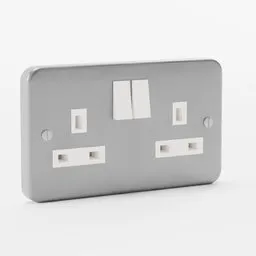 Double UK socket 3D model, brushed steel Blender compatible, detailed low-poly electrical plug socket for CG projects.