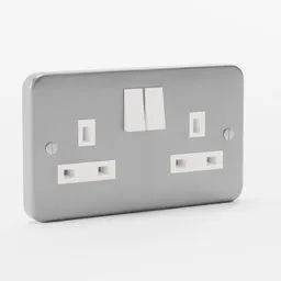 "Double UK power plug socket with brushed steel surround, 3D model in Blender 3D, household appliances category."