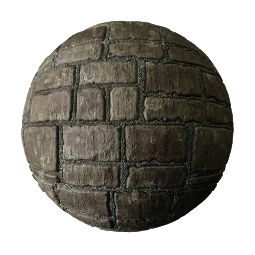 Realistic dirty medieval brick texture for PBR 3D rendering, ideal for architectural visualization.