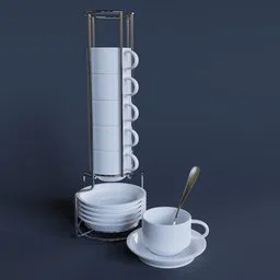 Detailed 3D rendering of a white cup with saucer, spoon, and plate stack on a stand for Blender modeling.