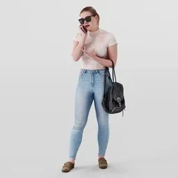 Blonde 3D female model in casual attire talking on phone, optimized for Blender 3D projects.