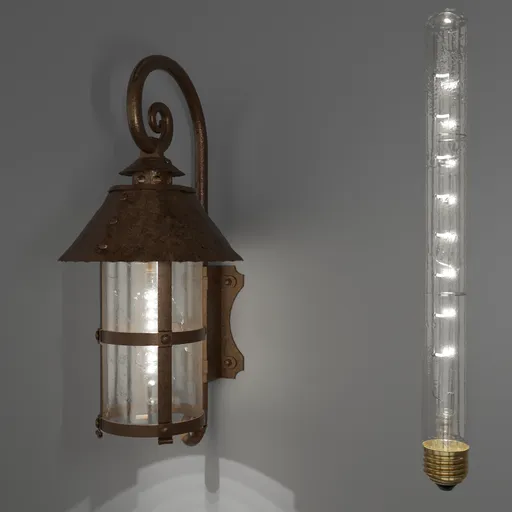 Detailed 3D model of hand-forged iron wall lantern with warm E27 Edison bulb, ideal for medieval garden scenes in Blender.