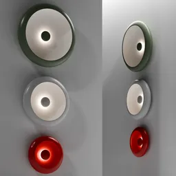 Realistic 3D-rendered Oloha lamps in multiple colors for Blender wall-light design with smooth shading and lighting effects.