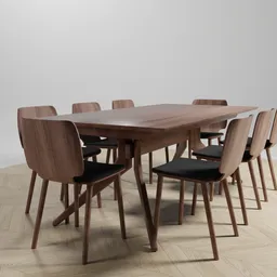 Sophisticated 3D wooden table and chairs set, perfect for Blender 3D artists and interior rendering.