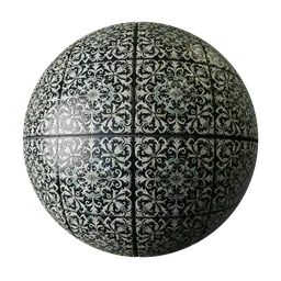 High-resolution ornate tile PBR texture for 3D rendering, featuring detailed patterns with displacement mapping.