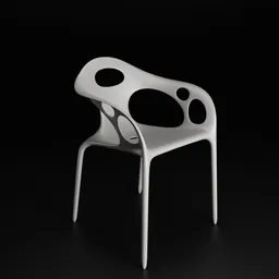 "Supernatural armchair in white with holes on back, inspired by Yayoi Kusama and created using parametric solid works, Mars black, and 3DCG. Made with one-piece reinforced polypropylene material. Ideal for Blender 3D models."