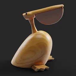 Stylized wooden pelican 3D model with oversized beak ideal for Blender rendering.