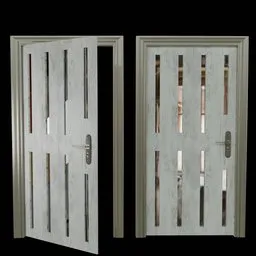 Realistic wooden door 3D model with metal handle for Blender, shown open and closed, isolated on a dark background.