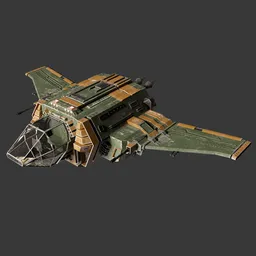 "Highly-detailed brown and green spacecraft created with Blender 3D software. This vulture-inspired upper body avatar features dynamic lighting and a hovering drone, with a normal map for added realism. Perfect for any space-themed project."