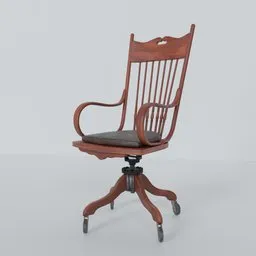 "Antique Desk Chair: A realistic restored wooden chair with a black seat on a white surface. Inspired by James Peale and Charles Mozley, this 3D model in Blender 3D captures the essence of a turn-of-the-century desk chair."