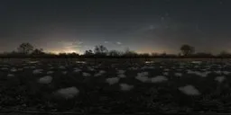 360-degree HDR image of a starlit winter garden with snow and fence for scene lighting.