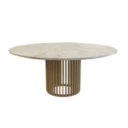 "Marble Round Table 3D model with a minimalist wooden base and white marble top, perfect for Blender 3D. Side view centered with a golden circlet and highly polished finish. A stylish addition to any 3D interior design."
