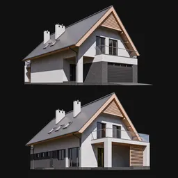 Detailed render of a modern-traditional hybrid home with large windows and cozy design made for Blender 3D modeling.