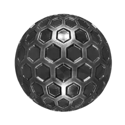 3D PBR material preview of a realistic hexagon-patterned metal surface for Blender and other apps.