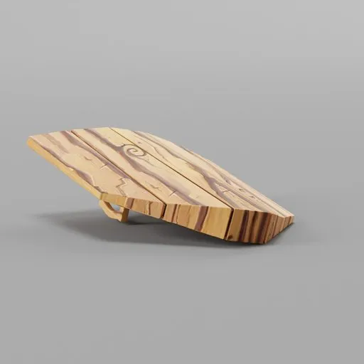 3D wooden shield model with stylized planks and iron details for Blender game asset.