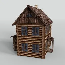 Detailed 3D model of a traditional wooden Russian hut with a shingled roof, rendered in Blender.