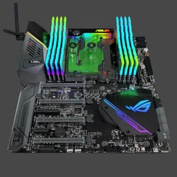 Highly detailed ASUS ROG motherboard 3D model with illuminated RAM and CPU sockets for Blender.