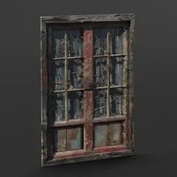 Detailed 3D model of a weathered wooden window with shattered glass for Blender.