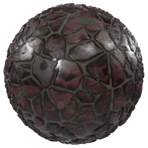 High-resolution PBR material for Blender featuring red stones with moss and wet surface detail.
